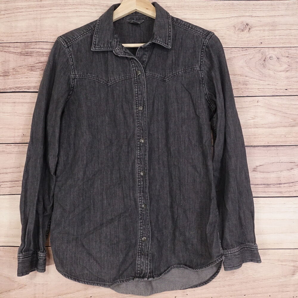 EDDIE BAUER LONG SLEEVE CHARCOAL GREY DENIM JEAN‎ SNAP BUTTON UP SHIRT WOMENS S
